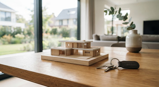 Houten maquette van een huis op een eettafel — symbool voor het plannen van een woningaankoop.