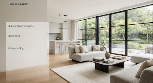 Modern, licht woninginterieur met grote raampartijen — hoogwaardig vastgoedadvies.