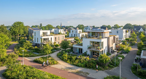 Moderne, duurzame woonwijk met eengezinswoningen.